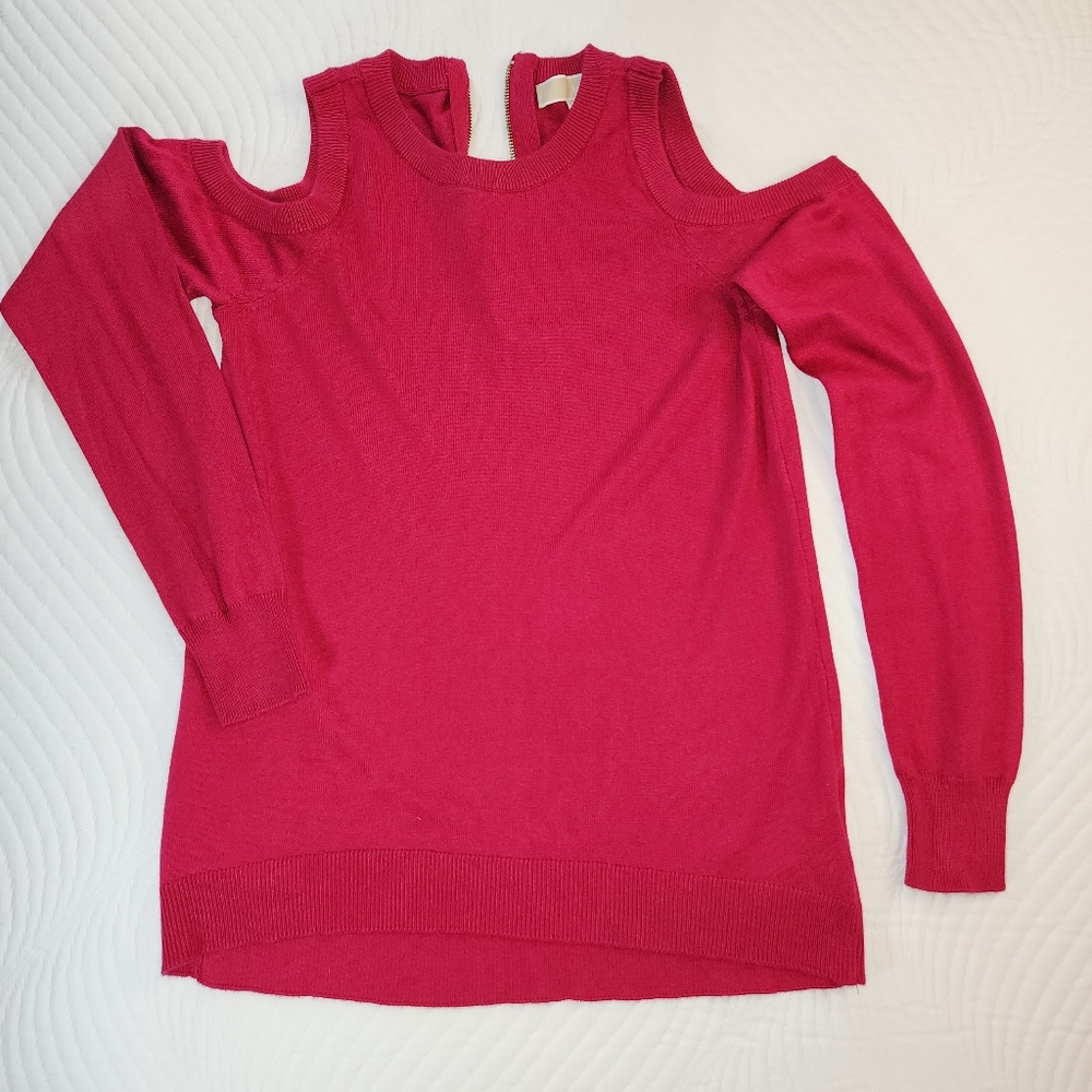 Michael Kors Women's Small Cold Shoulder Sweater Wine Color Lightweight Zip-Neck